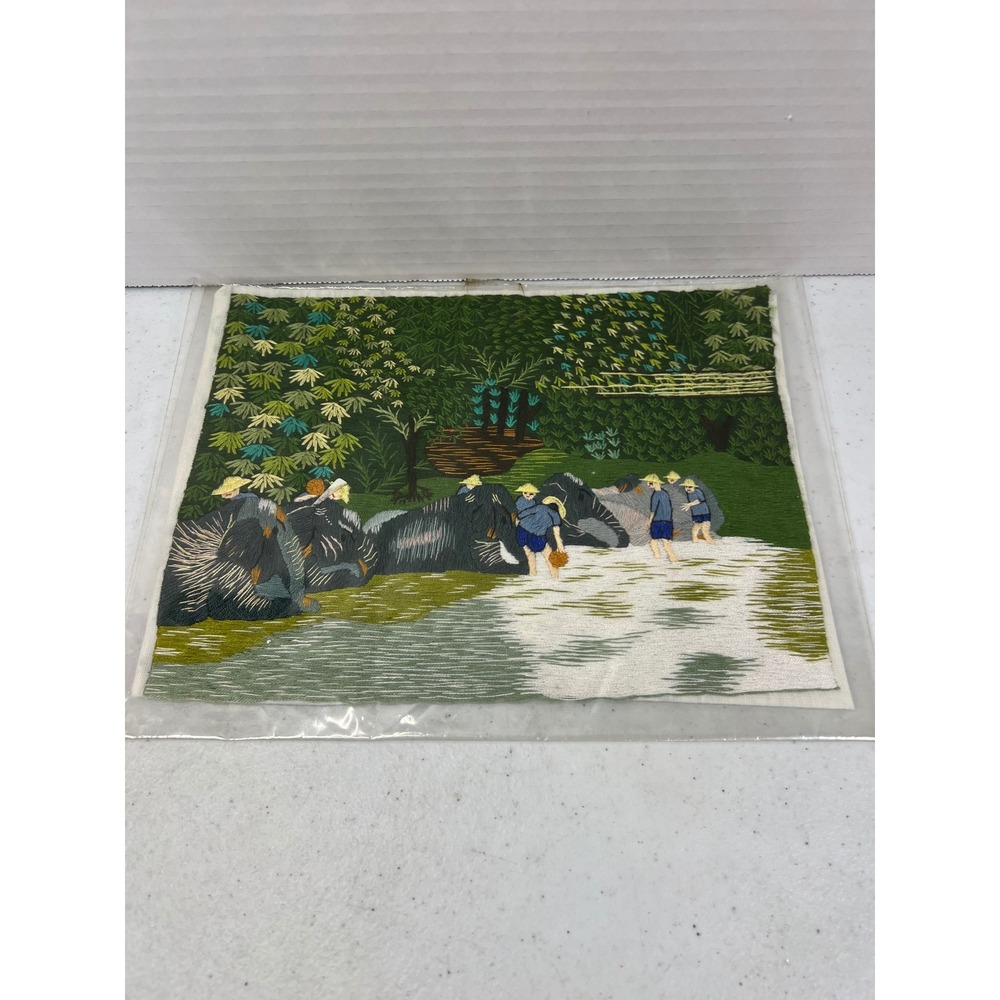 Vintage Handmade Silk Embroidery Elephant Jungle River Scene Textile Art 8.5x6.5